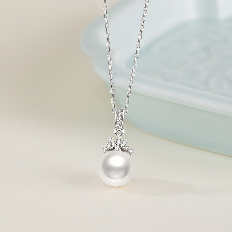 Natural Freshwater Pearl Sterling Silver 925 Necklace Women's Light Luxury High-Grade Crown Zircon Clavicle Chain Ins Style Pendant