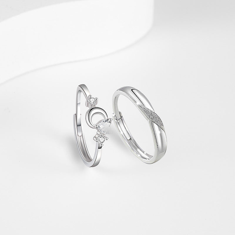 Light Luxury Couple Ring S925 Sterling Silver Japanese and Korean Trendy Student Niche Love White Crystal Design Open Mouth Ring