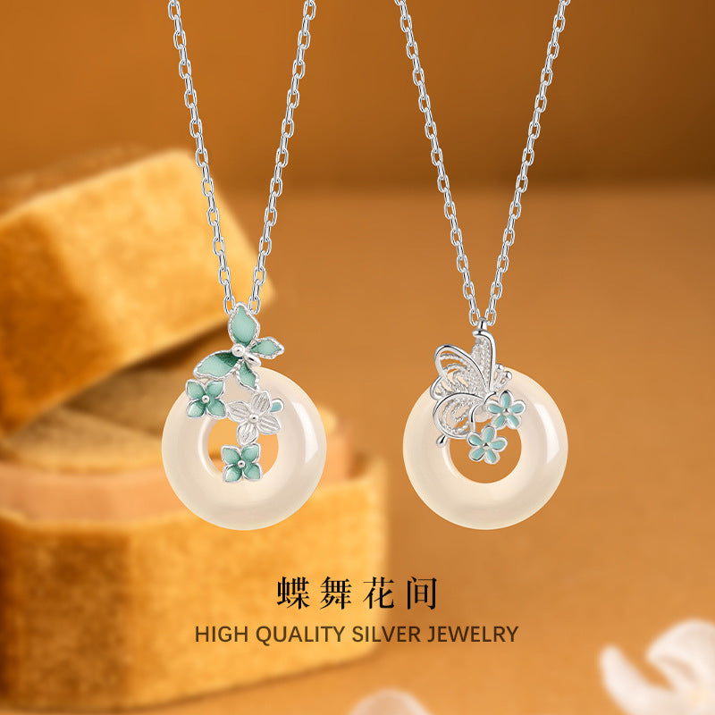 Sterling Silver Butterfly and Disc Necklace – Chalcedony