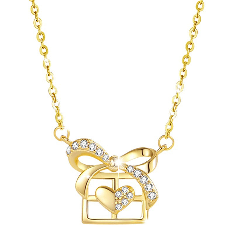 Bowknot Sterling Silver 925 Necklace Women's Fashion Versatile Square Sugar Clavicle Chain Qixi Gift Ins Style Love Pendant