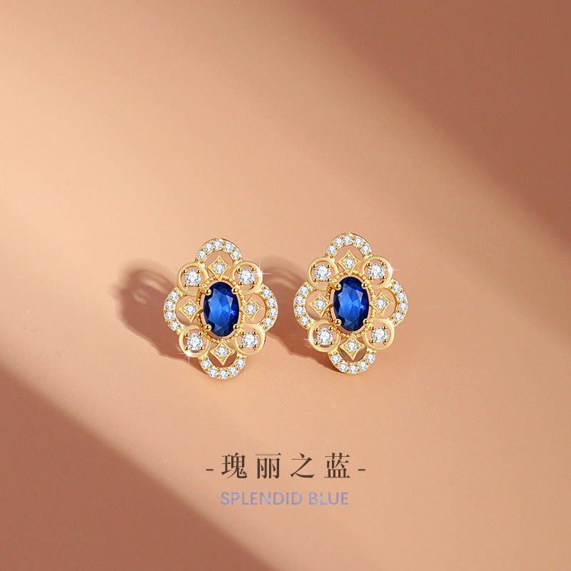 Clover Sterling Silver 925 Stud Earrings Female Niche Design Light Luxury Blue Zircon Flower Earrings Ins Style Lovely Earrings