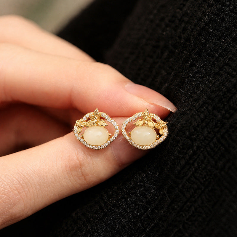 S925 Sterling Silver Hetian Jade Stud Earrings Women's New Chinese Style Ruyi Magnolia Vintage National Style Earrings Valentine's Day Gift