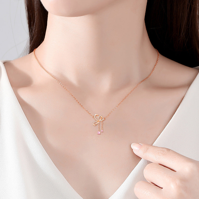 Bowknot Sterling Silver 925 Necklace Women's Fashion All-Match Love Clavicle Chain, INS Style Zircon Tassel Pendant