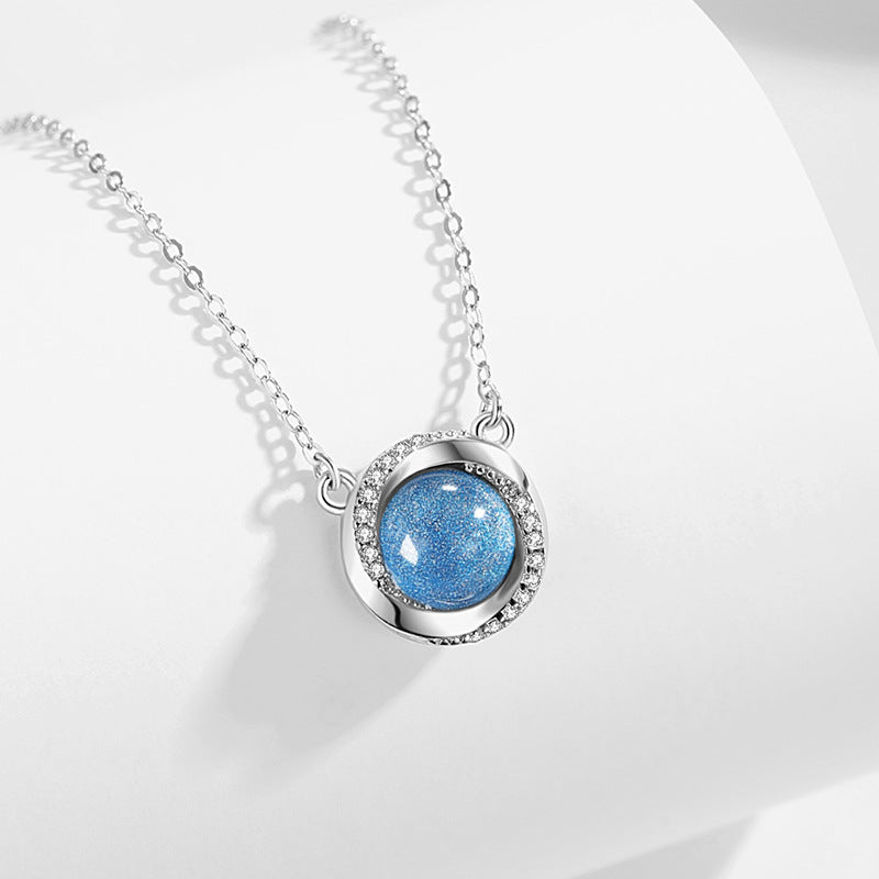 Ocean Heart Sterling Silver 925 Necklace Female Niche Design Light Luxury Rose Clavicle Chain Ins Glass Stone Pendant