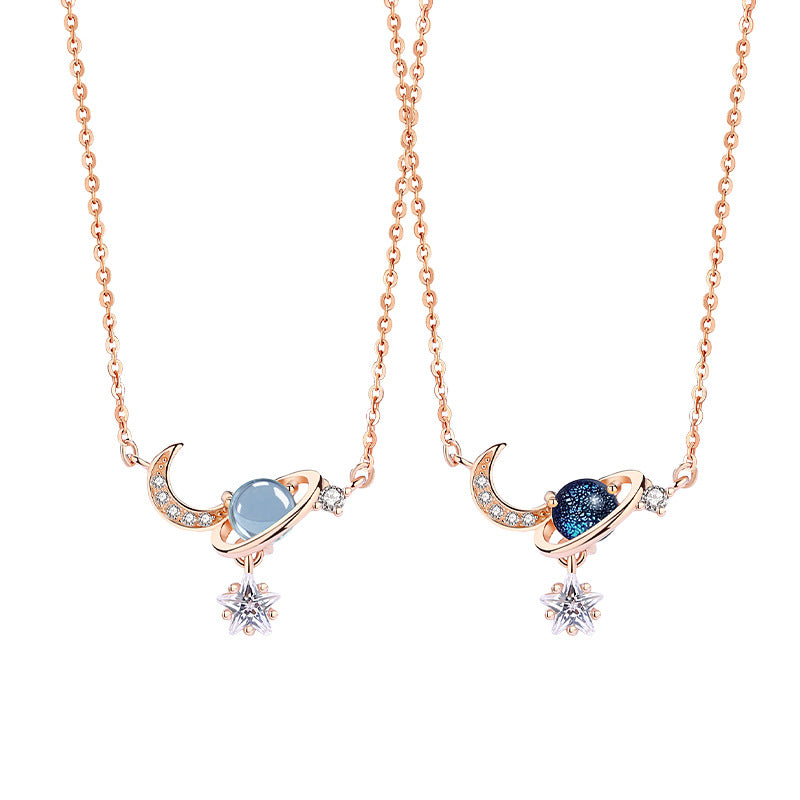 Original Design S925 Sterling Silver Necklace Women's Natural Topaz Starry Sky Stone Pendant Niche Star Moon Planet Clavicle Chain