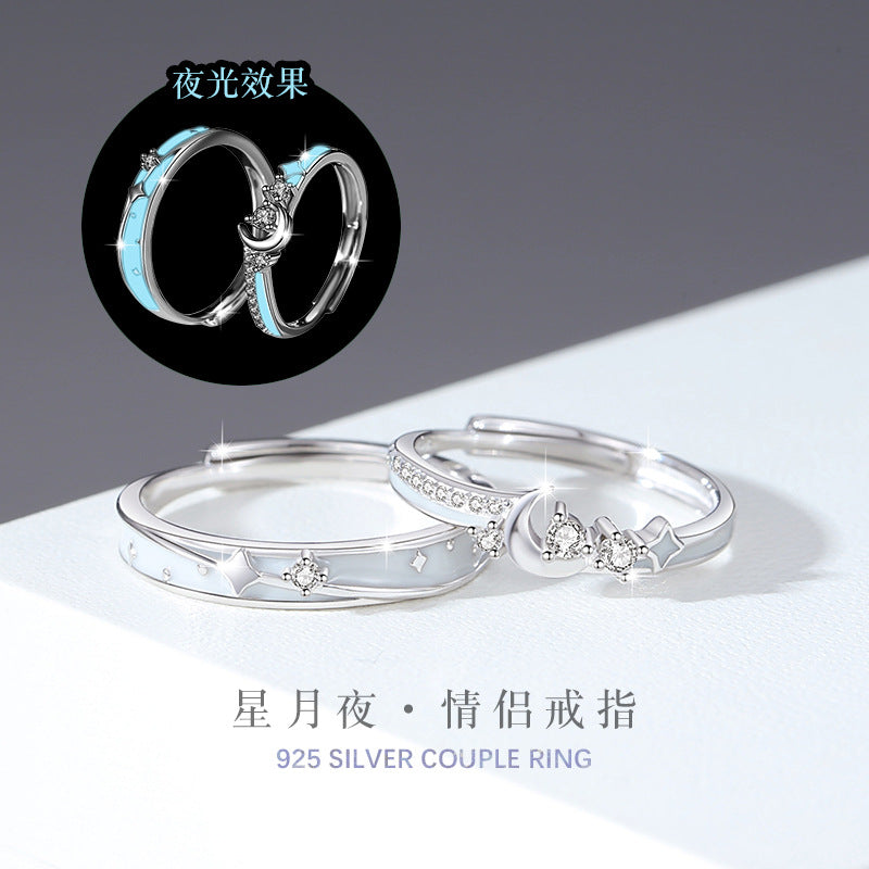 Star Sterling Silver 925 Luminous Couple Ring Men and Women Fashion All-Match Zircon Ring Thing Ins Moon Ring