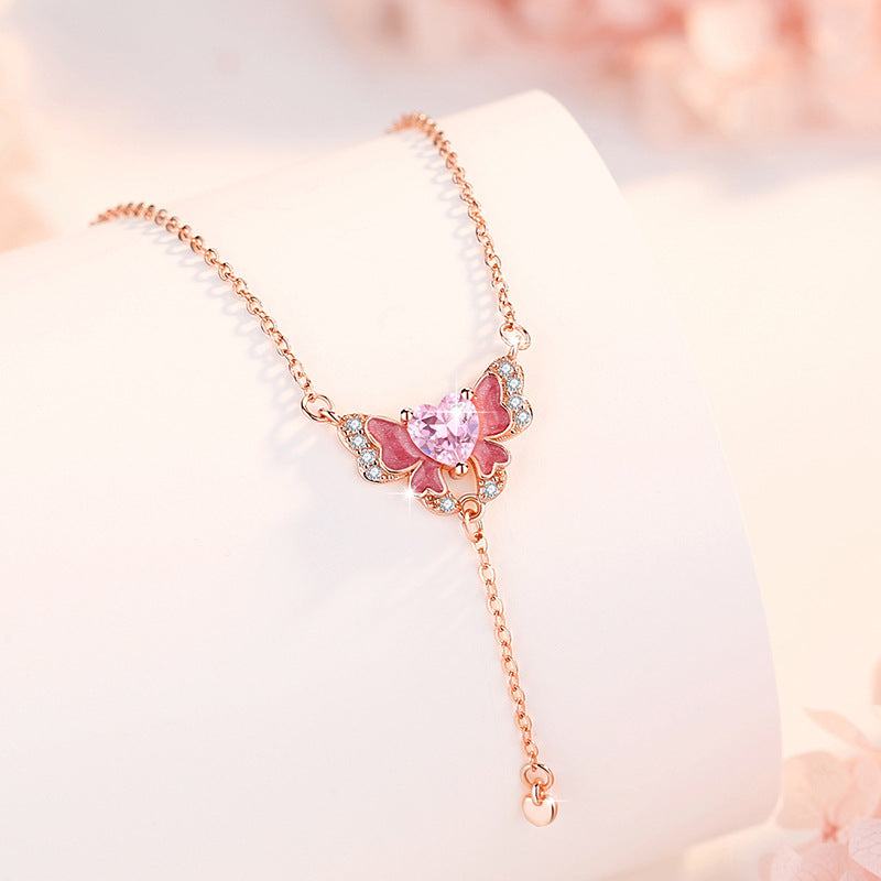 Butterfly Sterling Silver S925 Necklace Women's Fashion All-Match Pink Diamond Tassel Clavicle Chain Get Things Ins Style Love Pendant