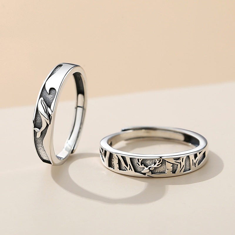 Original Design Whale Deer Couple Ring Vintage Sterling Silver Ring with You Valentine's Day Gift