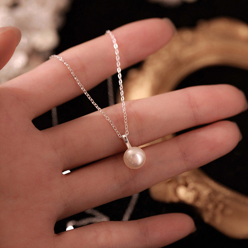 Shijia round Pearl Sterling Silver 925 Necklace Women's Light Luxury High-Grade Clavicle Chain All-Match Ins Style Small Bulb Pendant