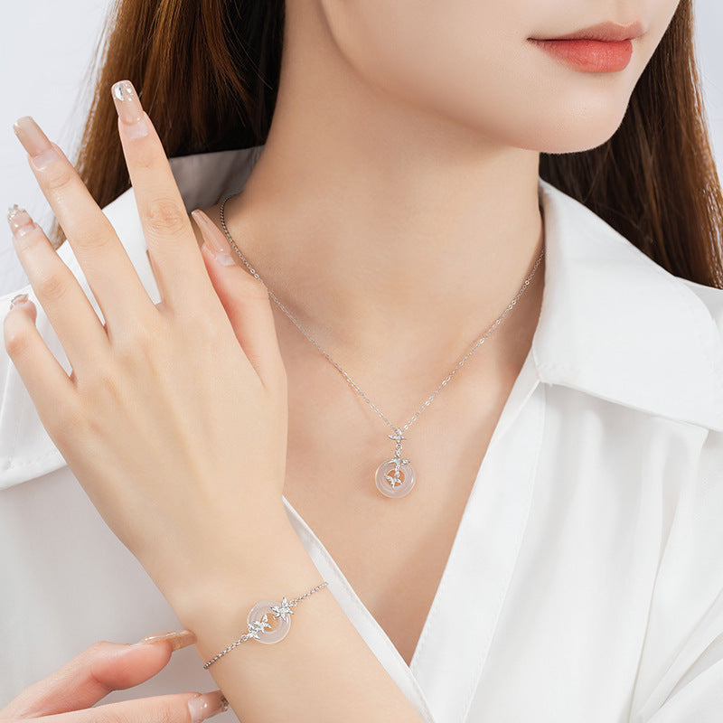Butterfly Sterling Silver 925 Necklace Women's Light Luxury Individual Chalcedony Clavicle Chain Ins Cold Style Girlfriends Safety Buckle Pendant