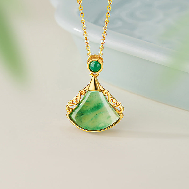 Sansheng Lucky Sterling Silver 925 Necklace Women's Light Luxury Natural African Emerald Fan-Shaped Clavicle Chain Ginkgo Leaf Chalcedony Pendant