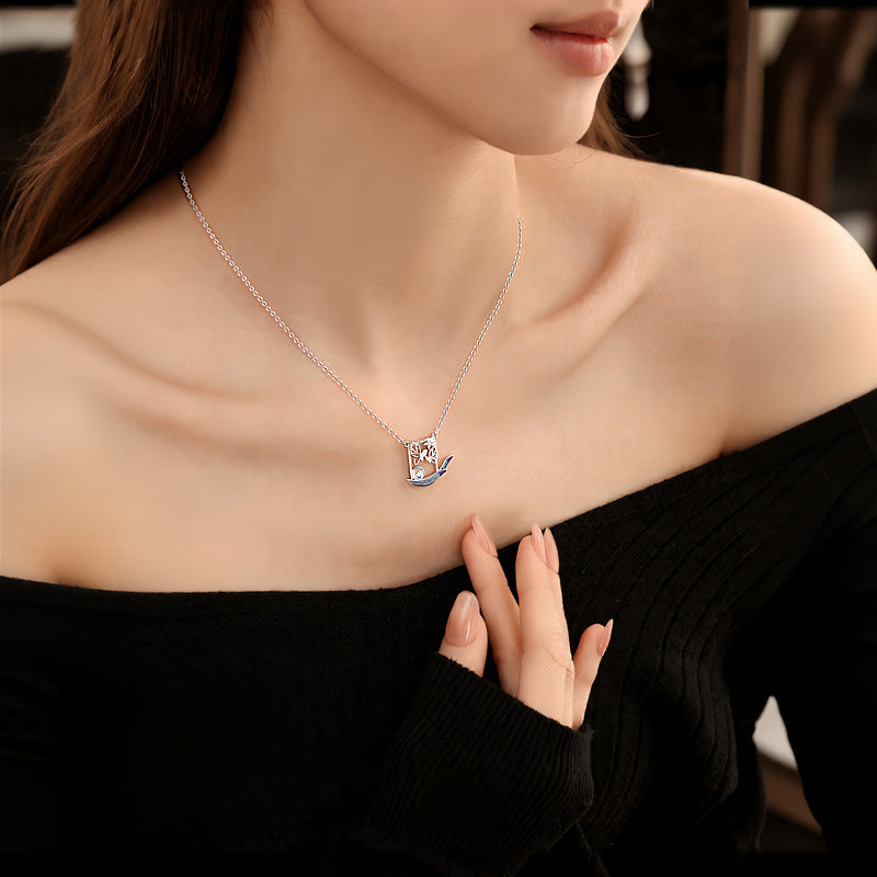 S925 Sterling Silver Necklace Female Butterfly Luminous Enamel Craft Moonstone White Agate Light Luxury Niche Girlfriends Clavicle Chain