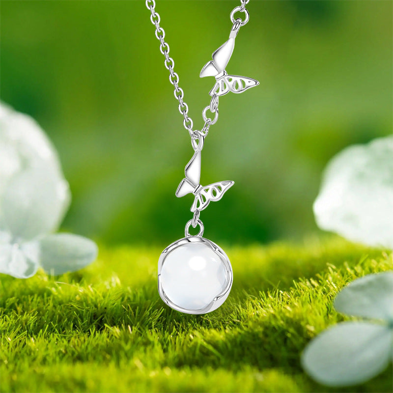 Original Butterfly Pure Silver 999 Necklace Female Niche Design Light Luxury Chalcedony Clavicle Chain Ins Style Flower Pendant