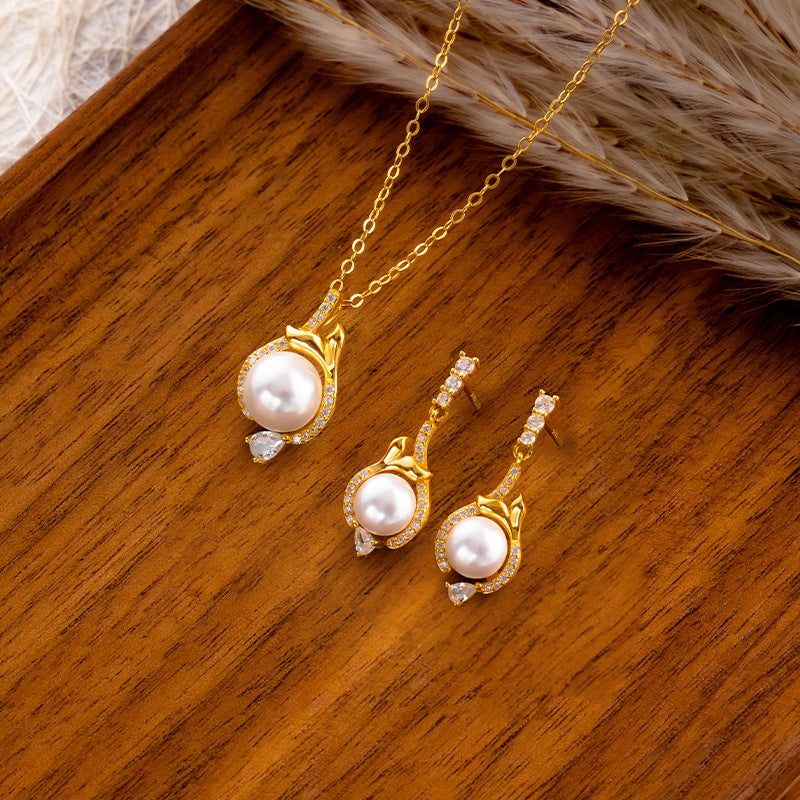 S92 Sterling Silver Fishtail Pearl Jewelry Set High-Grade Light Luxury Necklace Ear Hook Two-Piece Commuter Gift Silver Jewelry