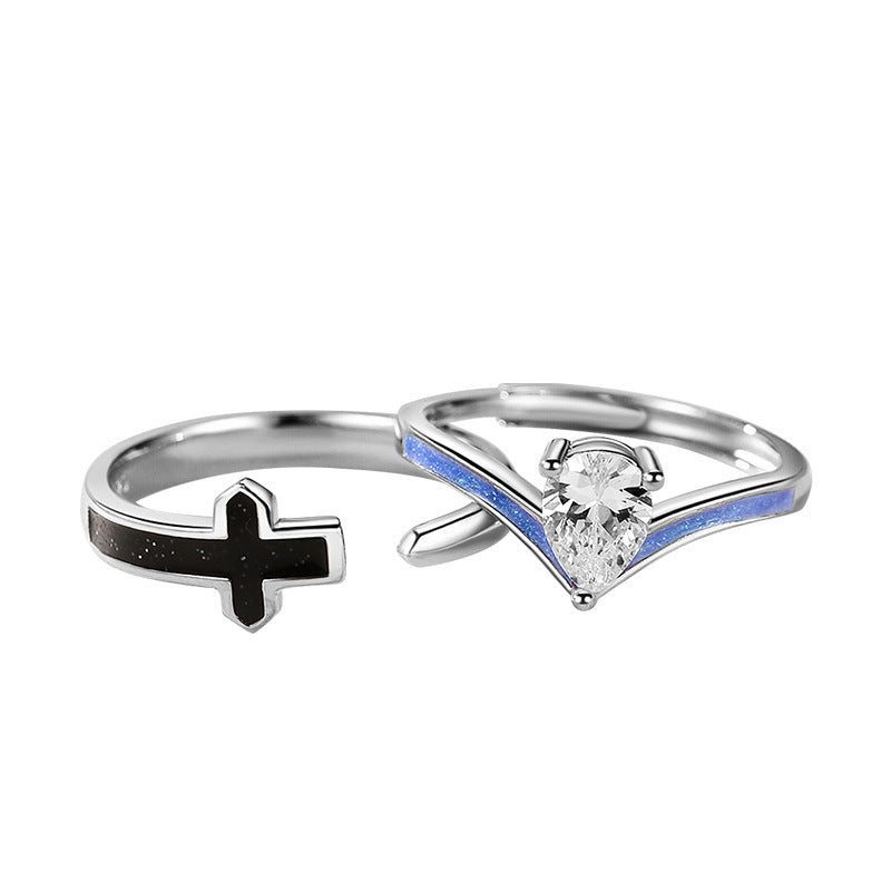 Princess and Knight Sterling Silver 925 Couple Ring Men's and Women's Niche Design Style Cross Zircon Crown Ring