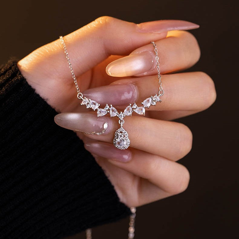 Gourd Pure Silver 999 Necklace Female Niche Design Light Luxury Zircon Clavicle Chain Ins Style Fu Lu Double Full Pendant