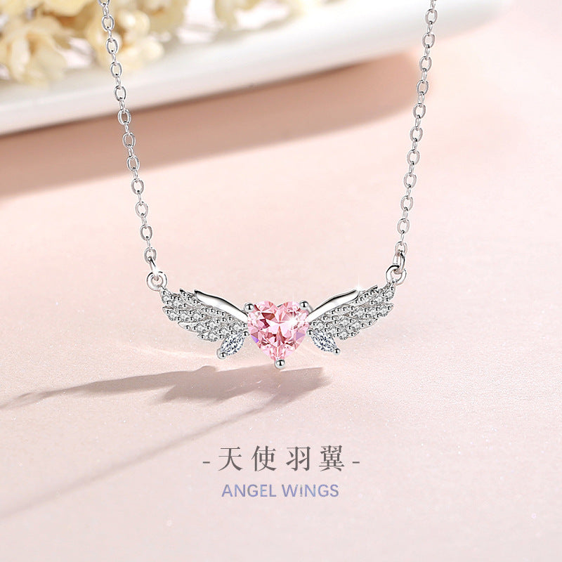 Sterling Silver Angel Wing Necklace – Pink Zircon