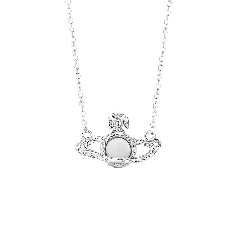 Saturn Sterling Silver 925 Chalcedony Necklace Female Niche Design Light Luxury Star Clavicle Chain Ins Style Cross Pendant