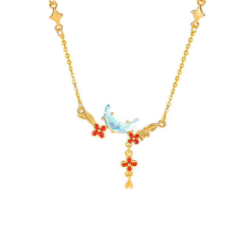 Moon Sterling Silver 925 Necklace Female Niche Design Light Luxury Glass Stone Clavicle Chain Ins Style Flower Tassel Pendant