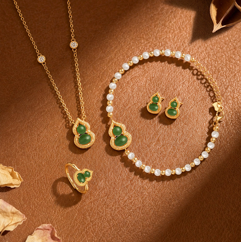 S925 Silver Necklace Bracelet Ring Stud Earrings Wire Drawing Craft New Chinese Natural Hetian Jasper Gourd Women's Jewelry