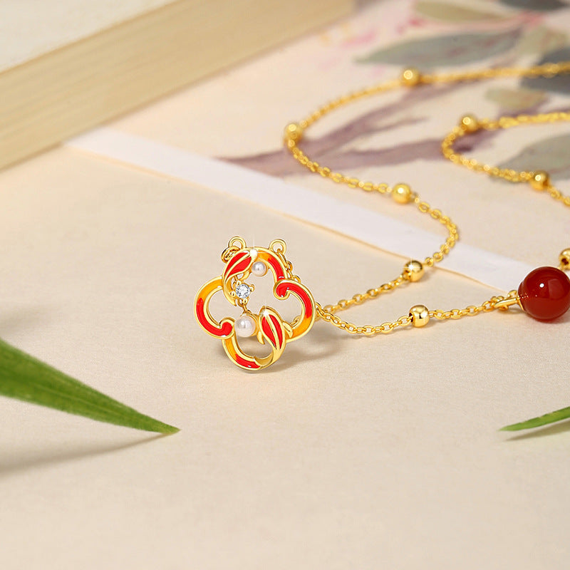 Original Koi Fish Sterling Silver 925 Necklace Women's New Chinese Pearl Flower Clavicle Chain Ins Lucky Clover Pendant