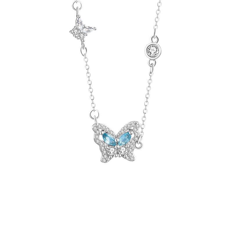 Butterfly Sterling Silver 925 Necklace Female Niche Design Light Luxury Light Blue Zircon Clavicle Chain Ins Style Star Pendant