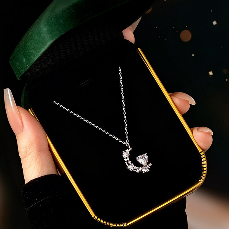 Light-Changing Heart Stone Leaf S925 Sterling Silver Necklace UV Color-Changing Crescent Clavicle Chain Niche Girl Heart Jewelry
