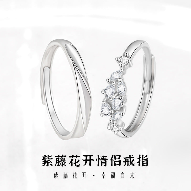 Wisteria Flower Pure Silver 999 Couple Ring Light Luxury High-Grade Flower Zircon Ring Ins Gift for Girlfriend Pair Ring