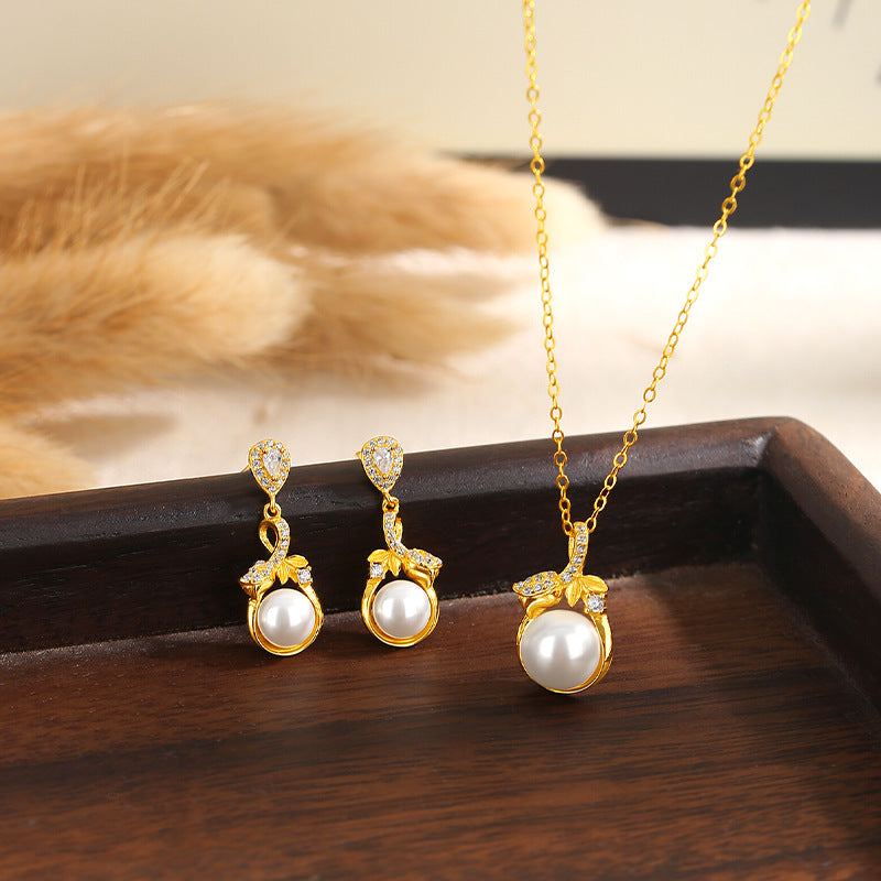 S925 Sterling Silver Leaf Pearl Jewelry Set Elegant Commuter Clavicle Chain Earrings for Girlfriend Mother Holiday Gift