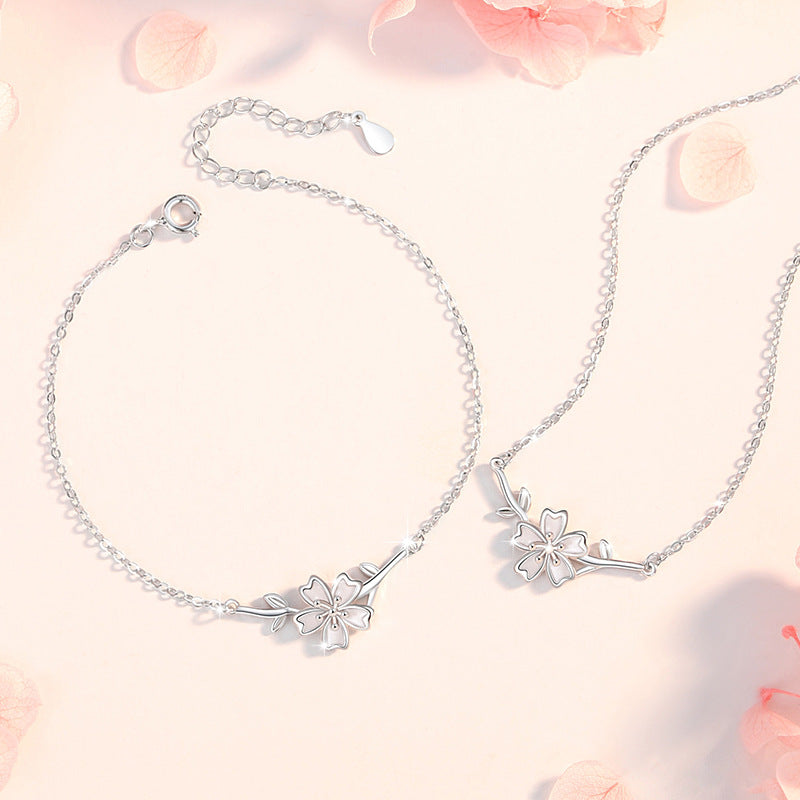 Cherry Blossom Sterling Silver 925 Necklace Female Niche Design Light Luxury Leaf Clavicle Chain Get Things Ins Style Flower Pendant