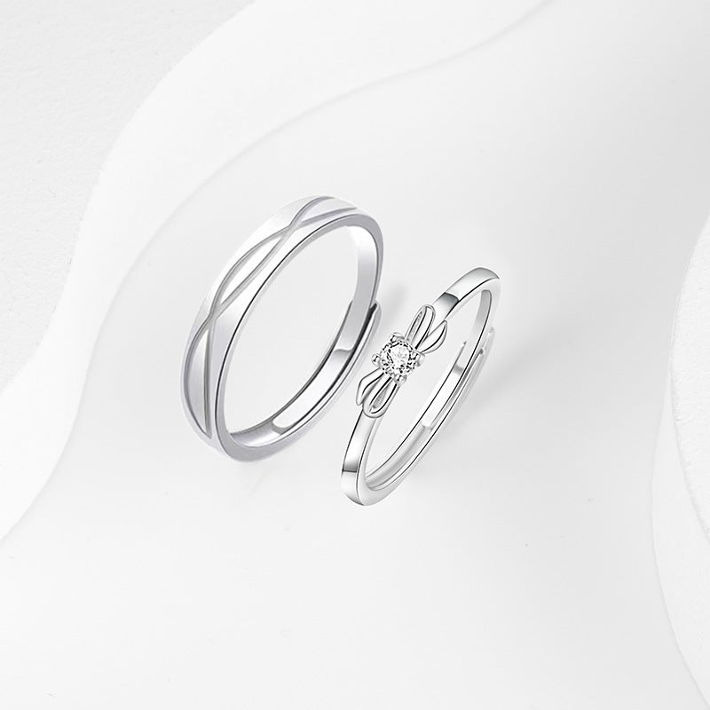 Bow Sterling Silver 925 Couple Ring Men's and Women's Light Luxury High-Grade White Crystal Ring Ins Escape Princess Ring