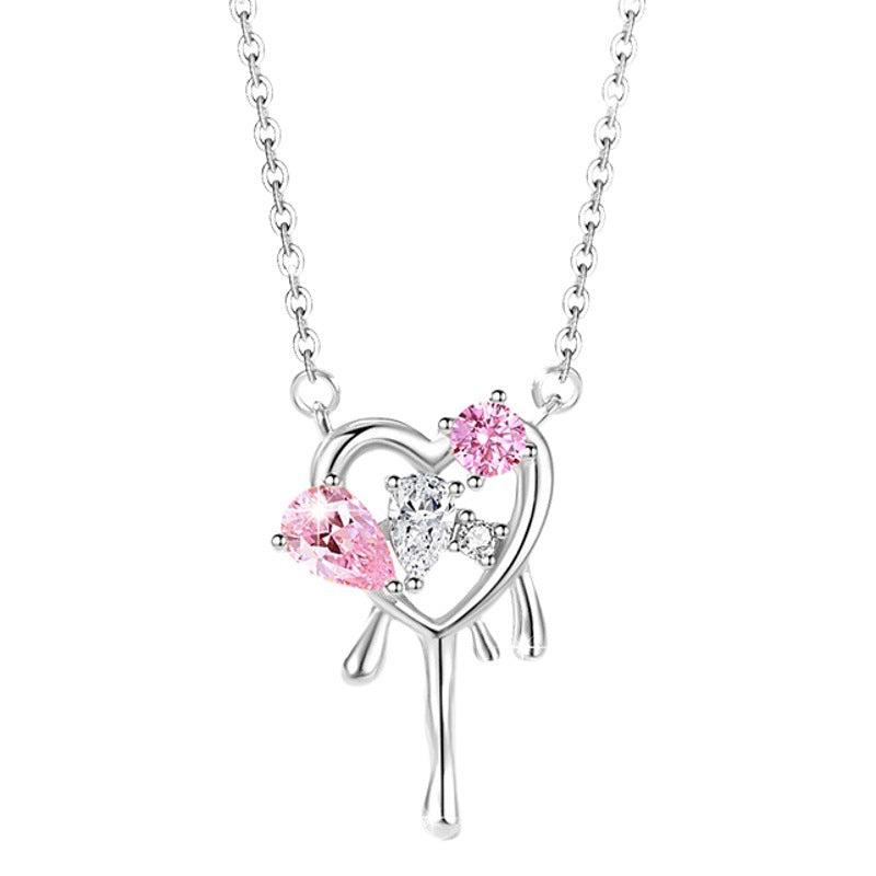 Lovely Sterling Silver 925 Necklace Women's Fashion All-Match Pink Diamond Clavicle Chain Valentine's Day Gift Key Zircon Pendant