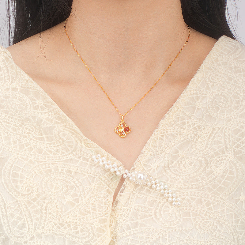 Original S925 Sterling Silver Clover Necklace Female Inlaid Red Agate Magic Color High Sense New Chinese Good Luck Clavicle Chain