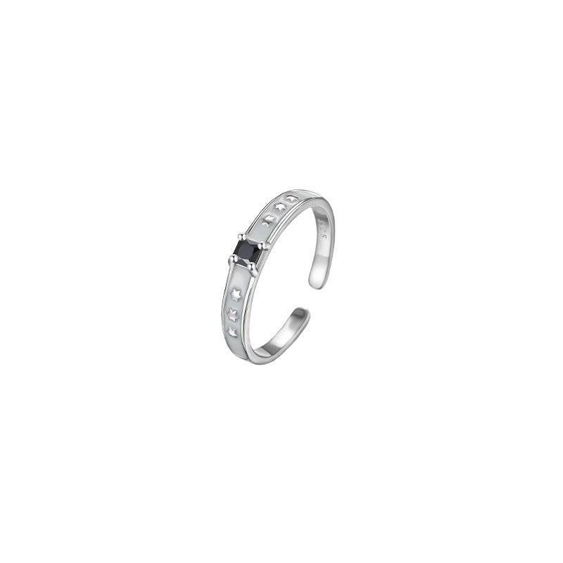 S925 Sterling Silver Couple Couple Ring Simple Enamel Craft Black and White with Star Ring Valentine's Day Gift