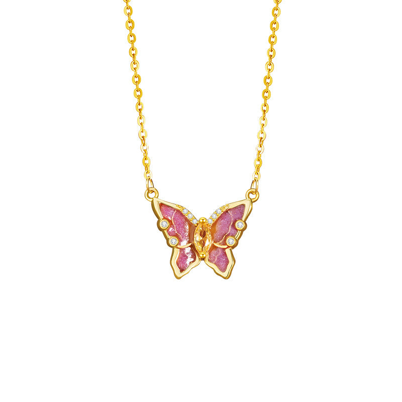 Luminous Butterfly S925 Sterling Silver Necklace Female Pink Purple Enamel Light Luxury Diamond-Embedded Clavicle Chain Dream Light Shadow Girl Style