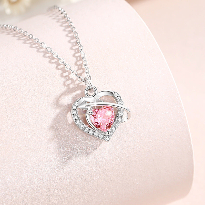 Women's Heart-Shaped Sterling Silver 925 Necklace, Fashionable All-Match Pink Zircon Clavicle Chain, INS Heart-Piercing Pendant