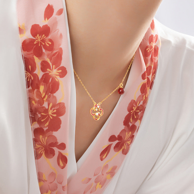 Original Koi Fish Sterling Silver 925 Necklace Women's New Chinese Pearl Flower Clavicle Chain Ins Lucky Clover Pendant