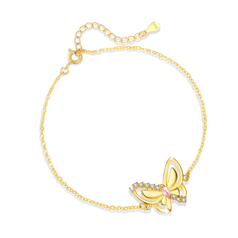 Butterfly Sterling Silver 925 Bracelet for Women Niche Design Light Luxury Pink Diamond Bracelet Ins Style Girlfriends Wings Bracelet