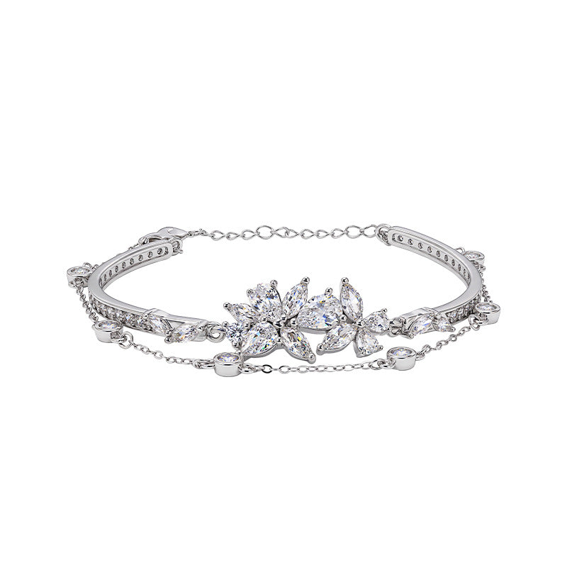 S925 Sterling Silver Bracelet Women's Light Luxury Double-Layer Design Flower Bracelet Banquet High-Grade Accessories Niche Gift for Girlfriend