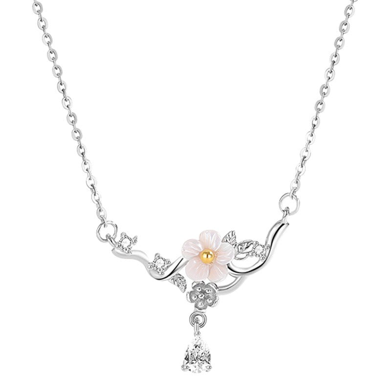 Cherry Blossom Sterling Silver 925 Necklace Female Niche Design Light Luxury White Shell Clavicle Chain Get Things Ins Style Flower Pendant