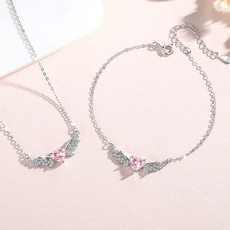 Sterling Silver Angel Wing Necklace – Pink Zircon