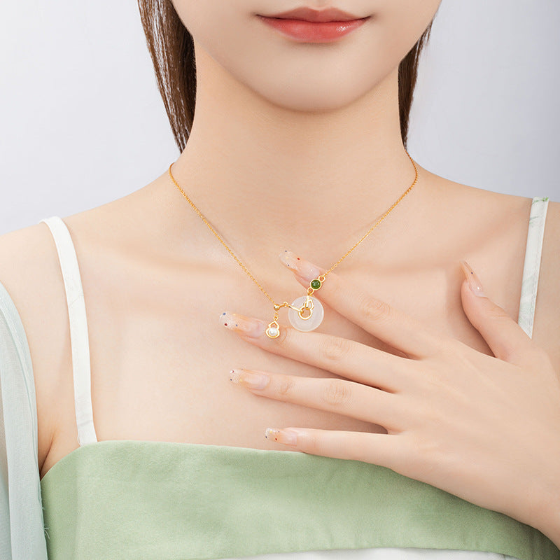 Fu Lu Double Full Sterling Silver 925 Chalcedony Necklace National Fashion Pearl Gourd Clavicle Chain Peace Buckle Hetian Jasper Pendant