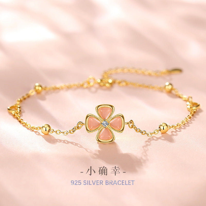 Lucky Clover Sterling Silver 925 Bracelet Female Niche Design Light Luxury Opal Bracelet Ins Style Lovely Bracelet
