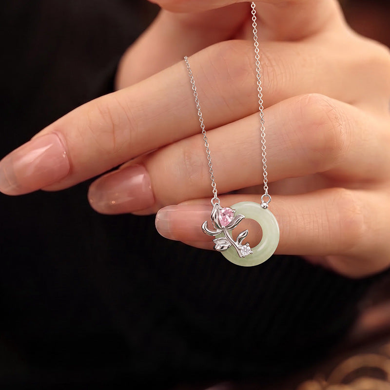 National Style Meilan Chrysanthemum Bamboo S925 Sterling Silver Hetian Jade Peace Buckle Necklace New Chinese Jade Pendant Niche Chain Clavicle