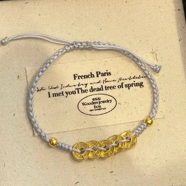 Five Emperors Coin Sterling Silver 925 Bracelet New Chinese National Fashion Lucky Beads Woven Bracelet
