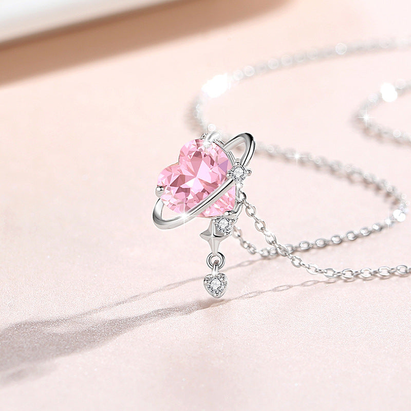 Lovely Sterling Silver 925 Necklace Female Niche Design Light Luxury Pink Zircon Clavicle Chain Get Things Ins Planet Pendant
