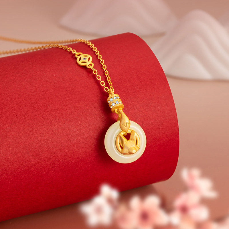 Fox Sterling Silver 925 Hetian Jade Necklace Female Cute Sweet Style Copper Coin Clavicle Chain Ins Style Safety Buckle Pendant