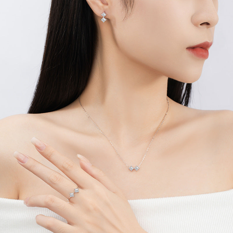 Star Sterling Silver 925 Necklace Female Niche Design Light Luxury Square Zircon Clavicle Chain Ins Style Small Square Sugar Pendant