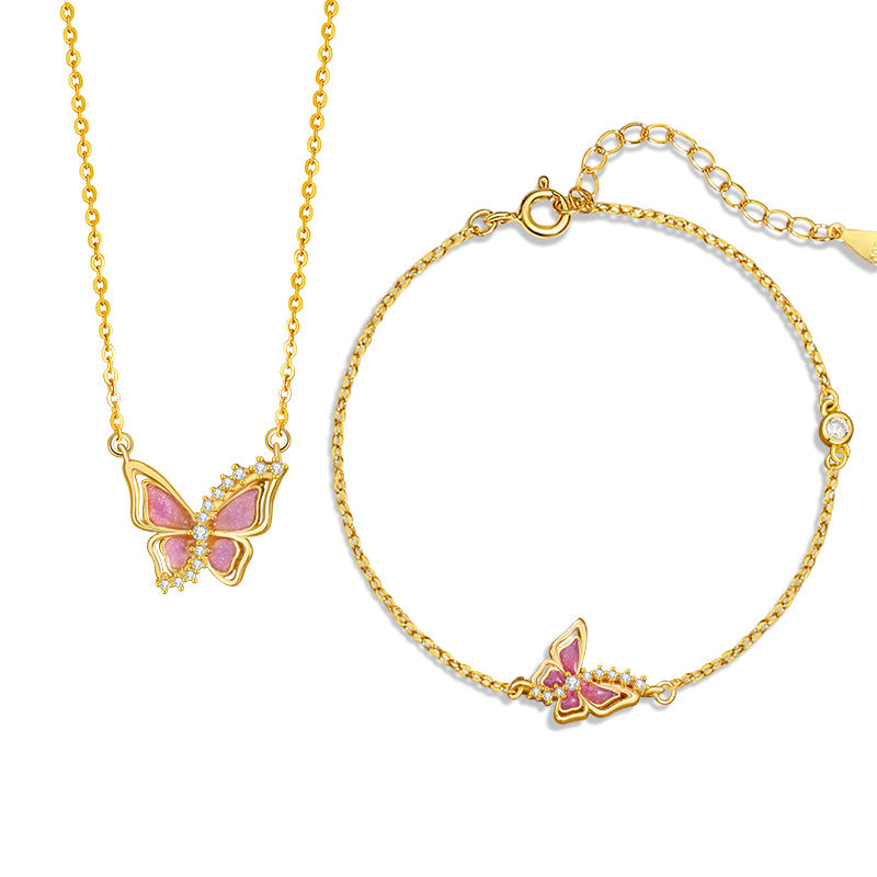 Butterfly Sterling Silver 925 Luminous Necklace Female Niche Design Light Luxury Pink Epoxy Clavicle Chain Ins Zircon Pendant