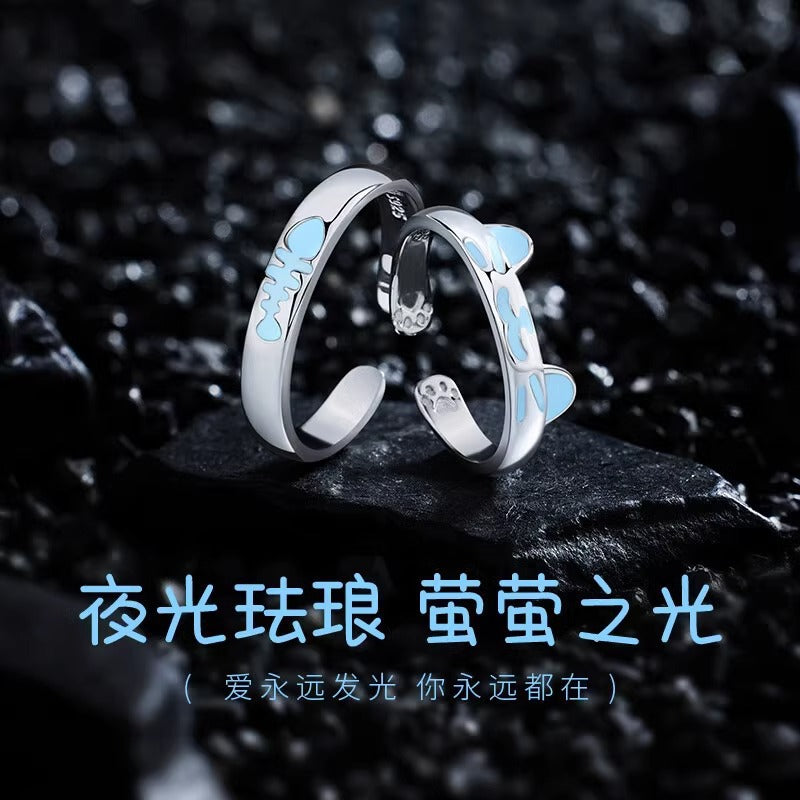 Cat Fish Love 925 Sterling Silver Couple Ring Fashion Light Luxury Niche Luminous Ring Valentine's Day Gift for Girlfriend